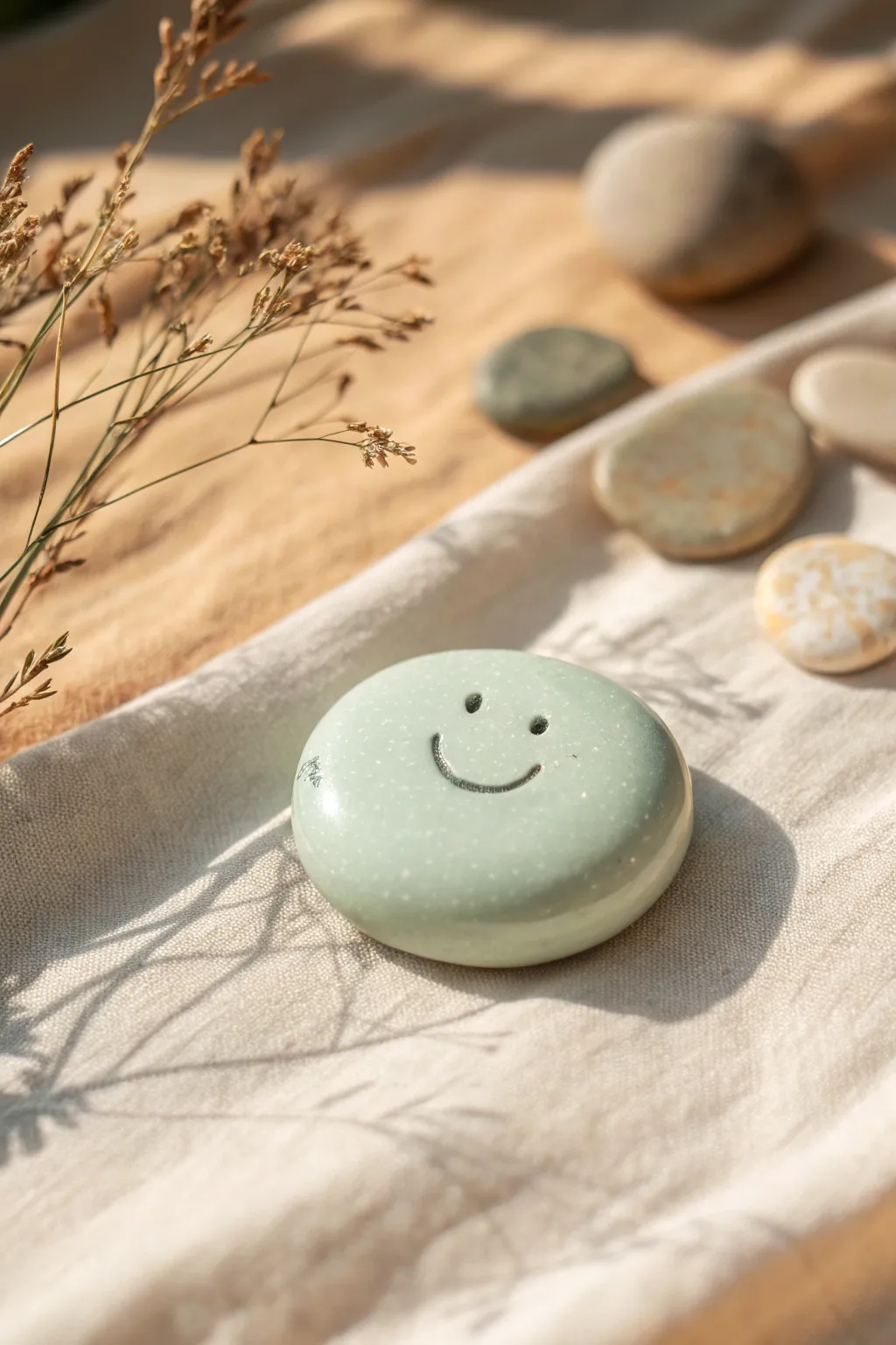 A soothing pastel clay worry stone with a tiny smile, simple, calming, and beginner-friendly.