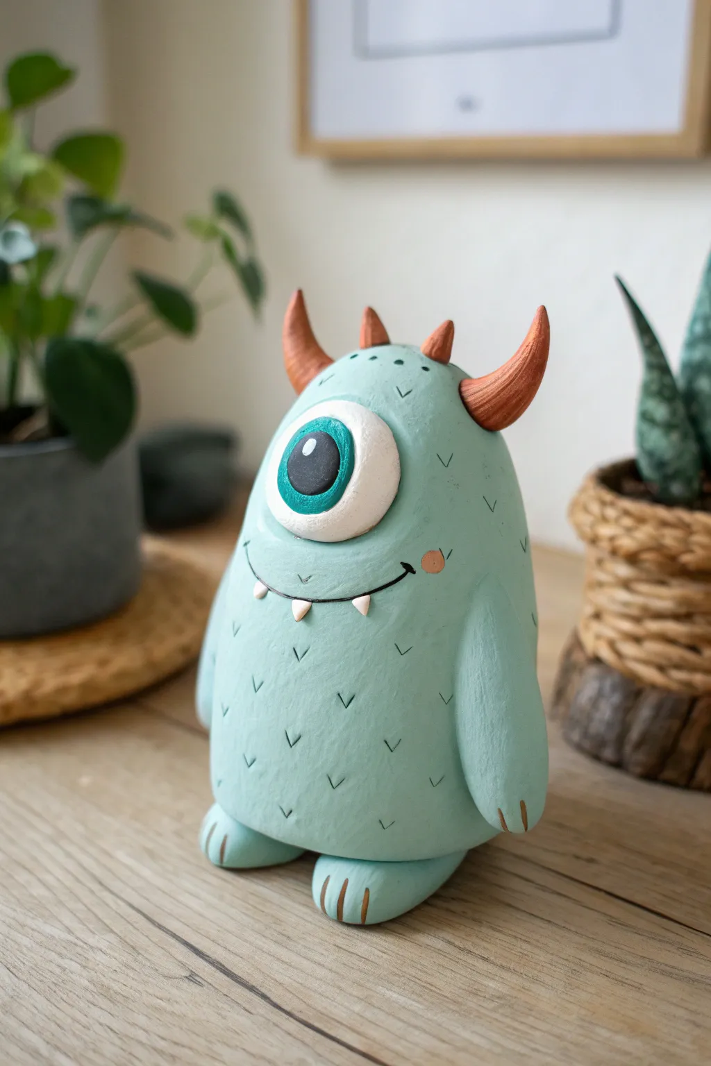 Adorable one-eyed clay monster in bold color blocks, styled in minimalist Scandinavian calm