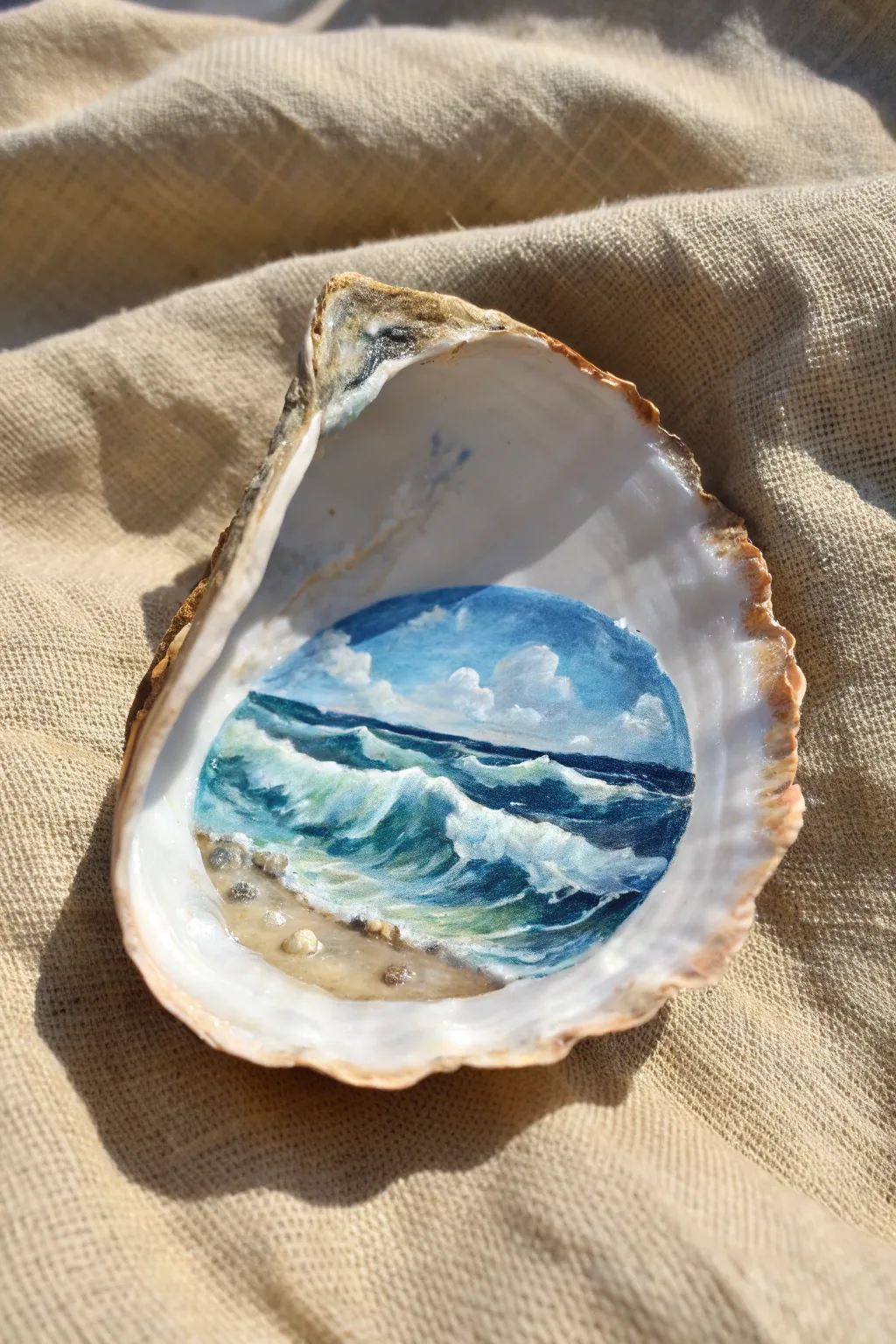 Capture the ocean inside a shell with this dreamy miniature seascape painting idea.