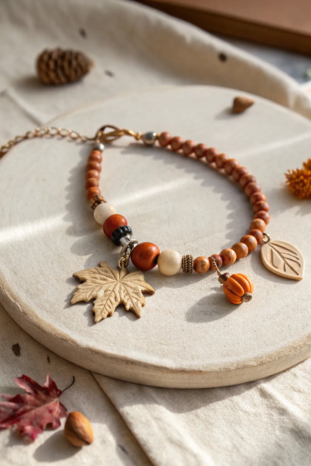 Autumn charm cluster bracelet with leaf, pumpkin and acorn accents in warm earthy heishi beads