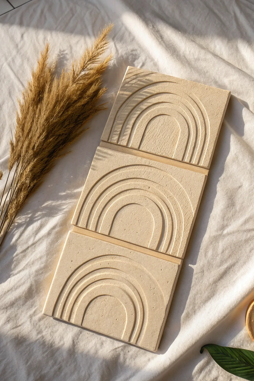 Layered clay slab relief panel with simple inset shapes and soft side shadows for depth