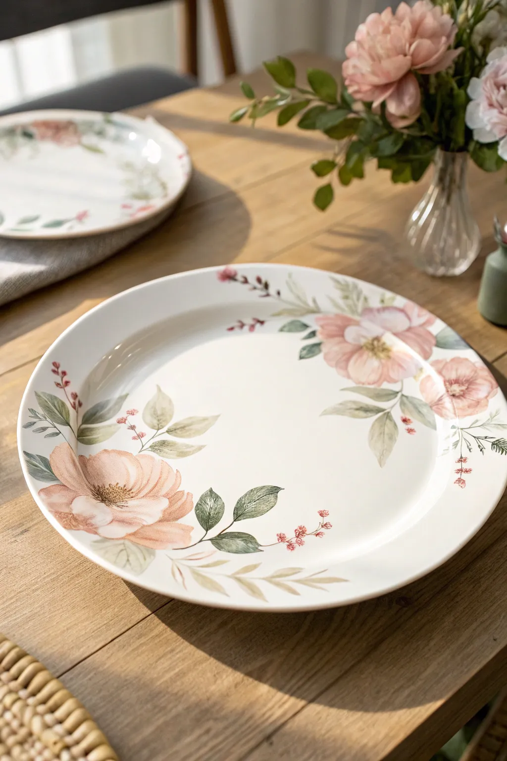 Dreamy watercolor florals on a simple white plate, soft gradients and airy faded blooms
