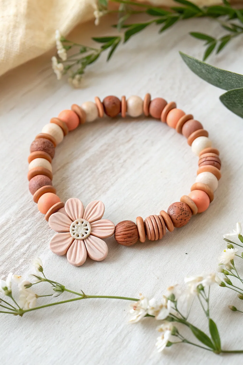 Marbled petal flower bead bracelet in blush and terracotta, paired with matching heishi beads.