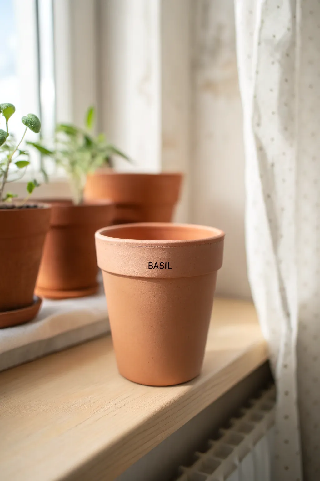 Stamped herb pot on a bright windowsill, Scandinavian minimal clay with a hint of boho.