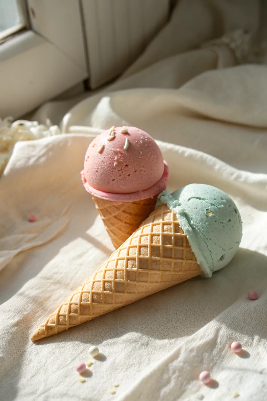 Pastel foam clay ice cream cone with smooth and bead scoops, minimalist Scandinavian dessert vibe.
