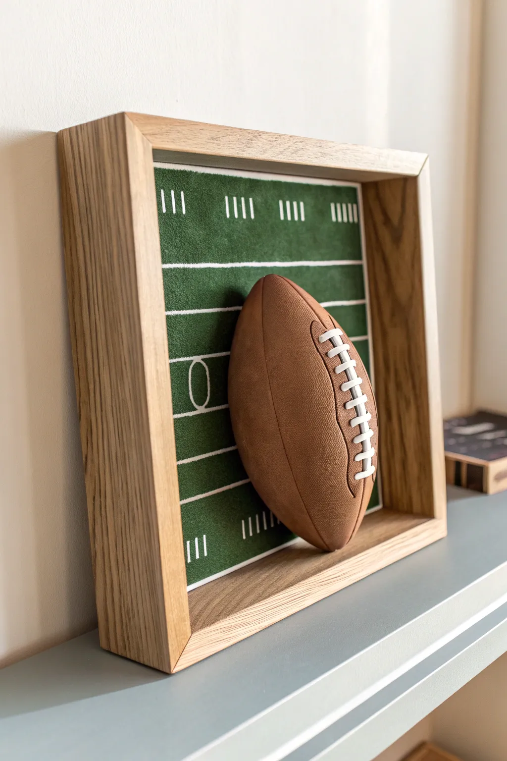 Minimalist shadow box with a raised clay football over a soft green field, perfect for game-day decor.