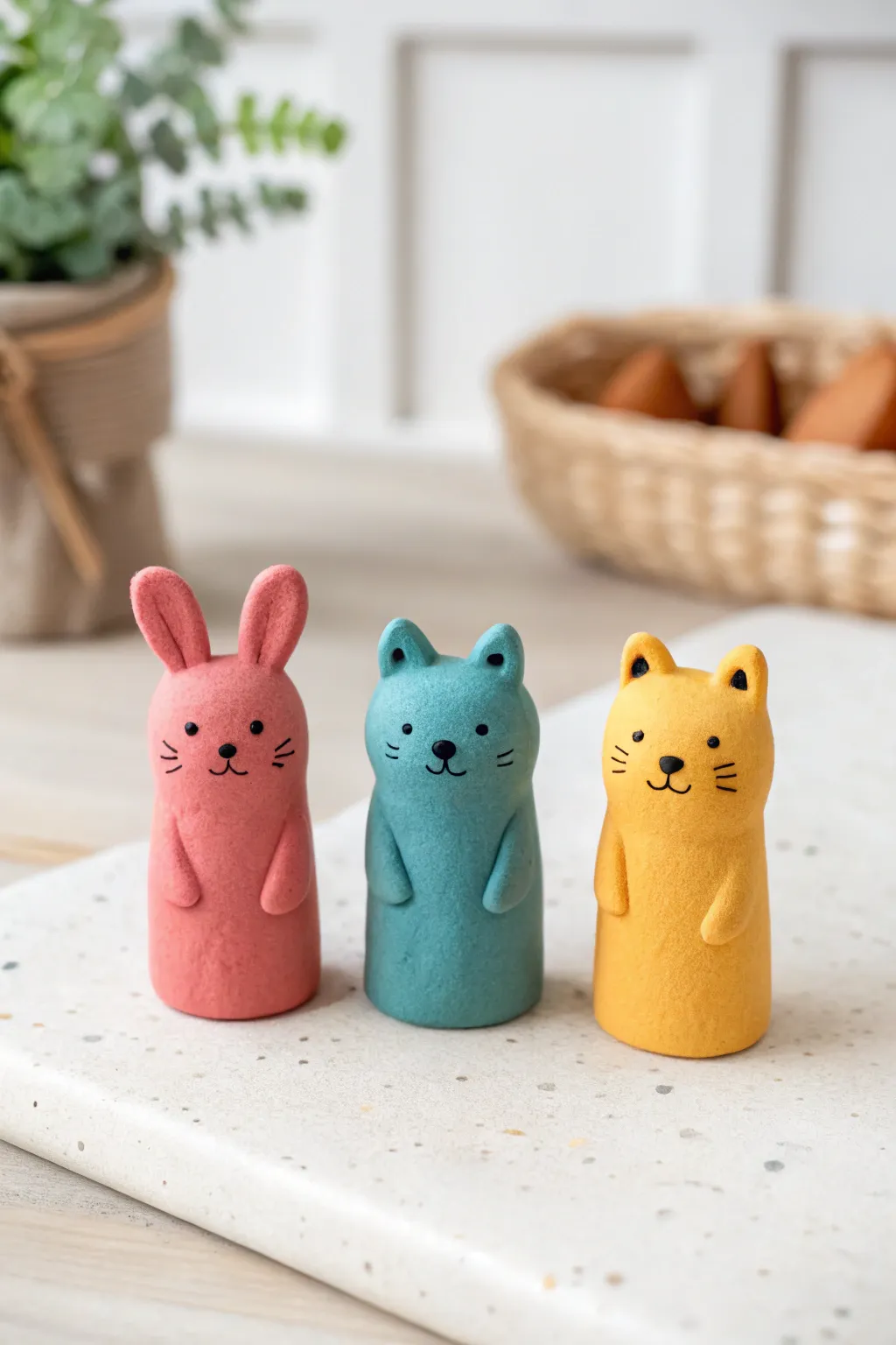 Cute clay animal finger puppets: simple tiny tubes in bold colors, perfect for kids crafts.