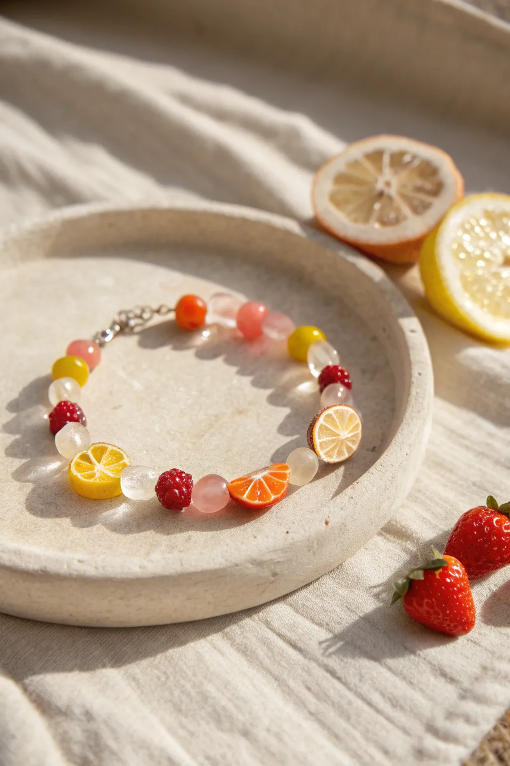 Candy-like jelly beads and tiny fruit slices in bright natural light for a fresh bracelet look