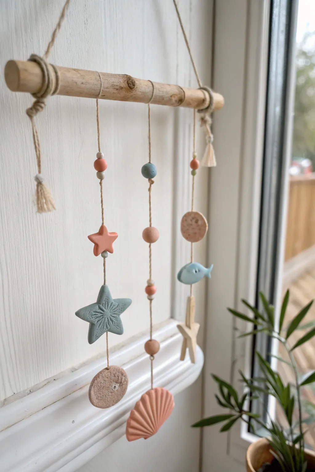 Minimalist clay wind chime with painted charms, a breezy kids project with Scandi calm