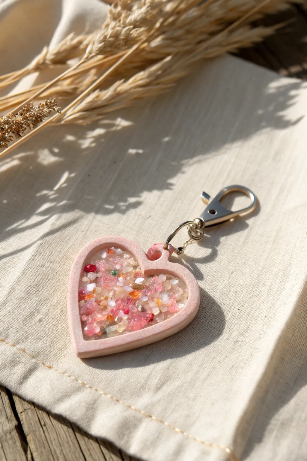 Pastel polymer clay shaker charm with tiny confetti bits, minimal Scandinavian vibe.