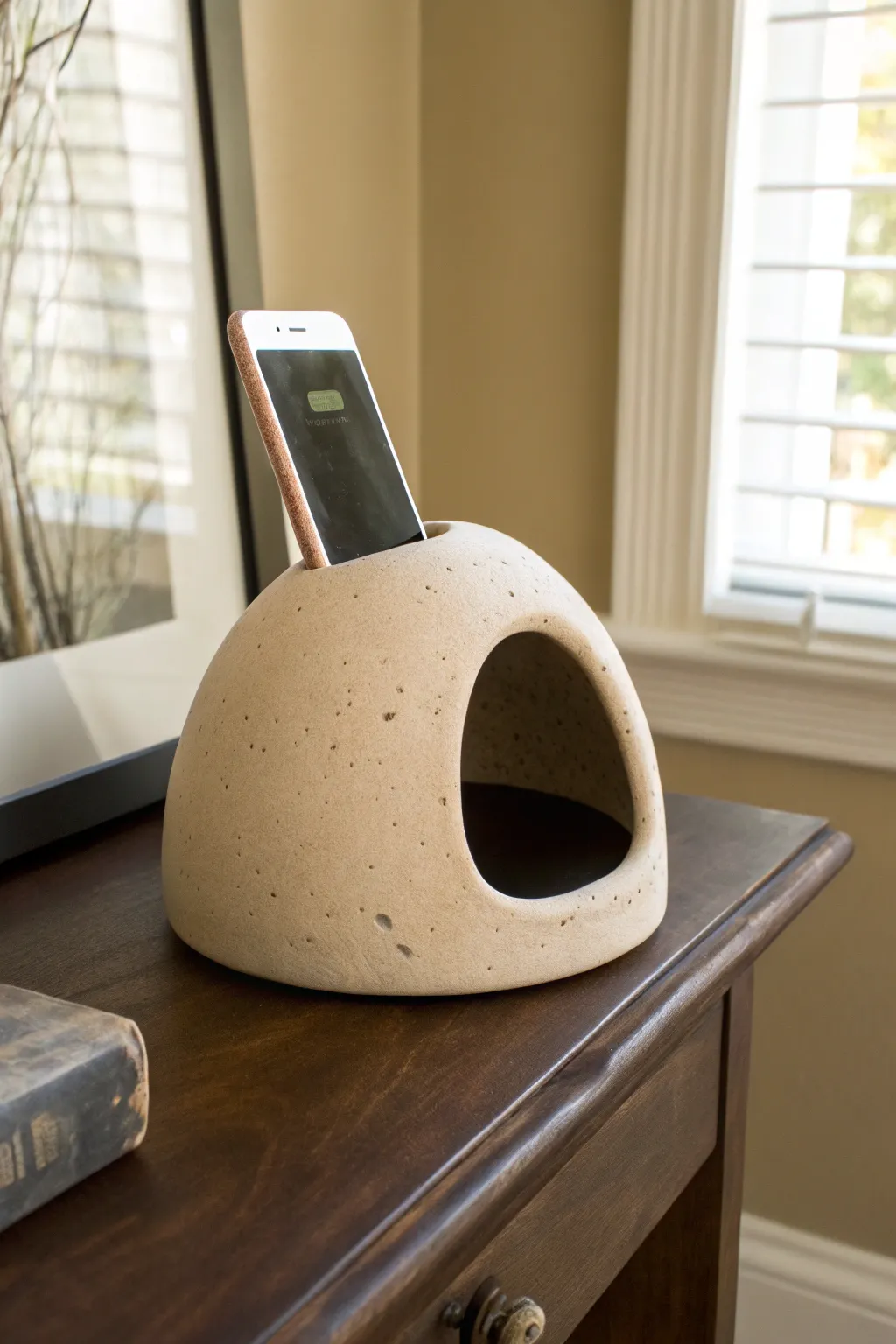 Minimal hollow-clay phone dock that boosts sound naturally, blending Scandinavian calm and boho charm.