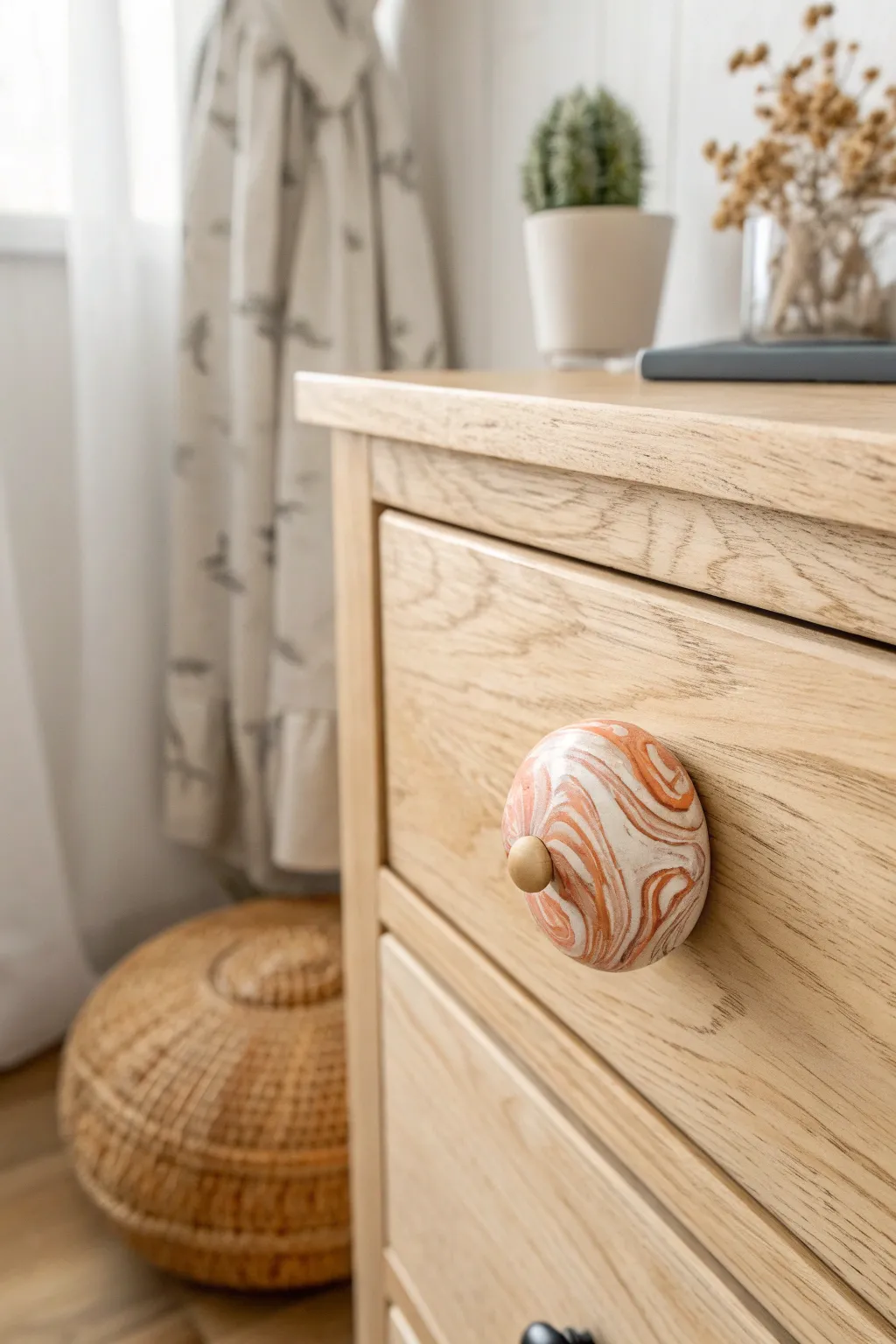 A marbled polymer clay drawer knob brings soft color swirls to a clean, minimalist dresser.