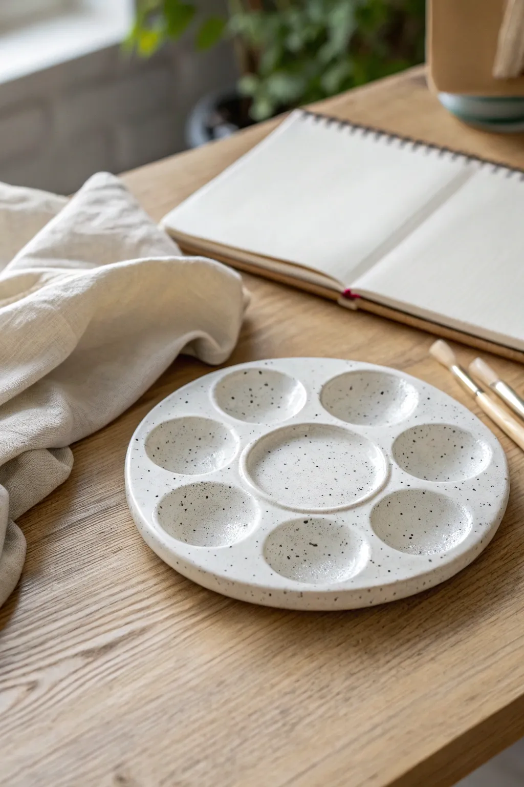 Minimal ceramic paint palette with mixing wells, ready for calm, organized studio sessions.