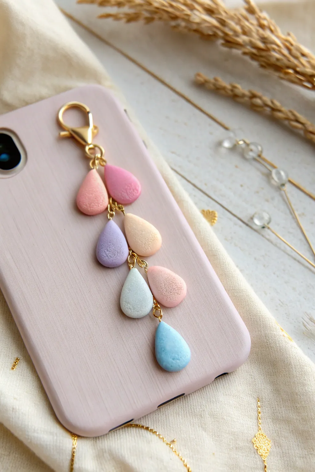Soft pastel ombré clay drops on a minimalist phone charm loop, sweet, simple, and handmade