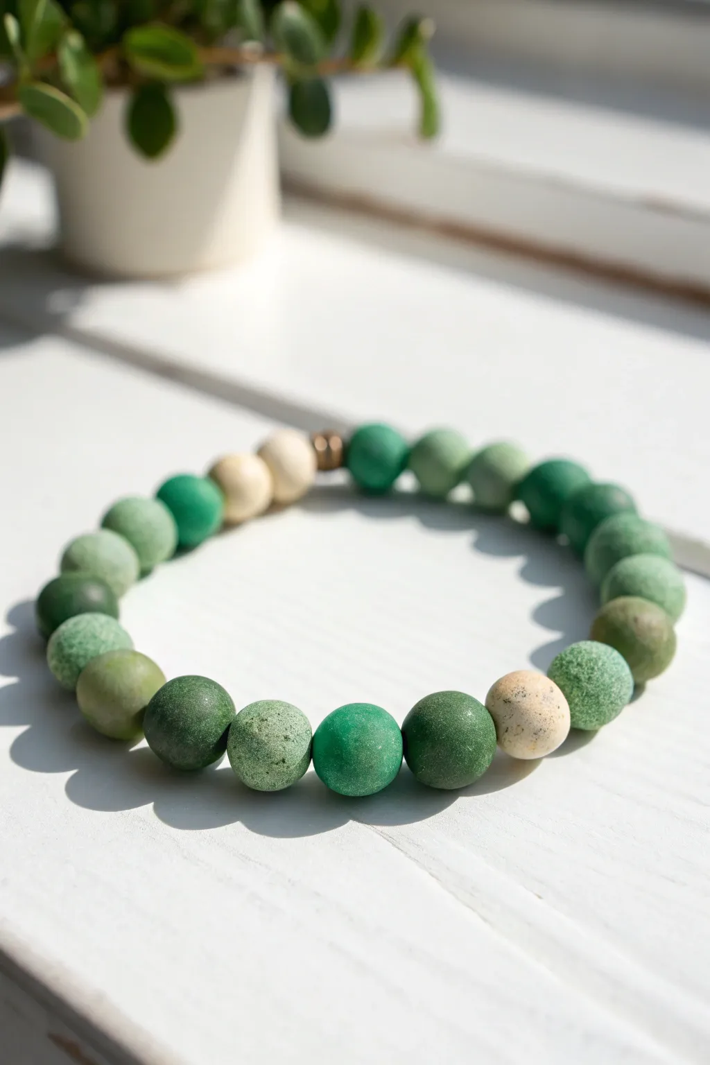 Scrap-friendly all-the-greens bracelet: mixed shades, handmade texture, bright modern styling
