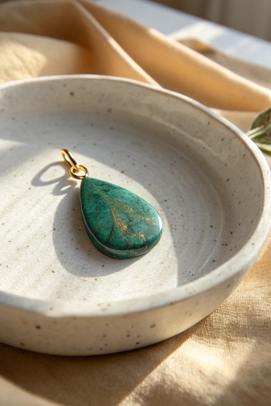 Dark emerald shimmer polymer clay pendant with subtle sparkle, minimalist boho styling.