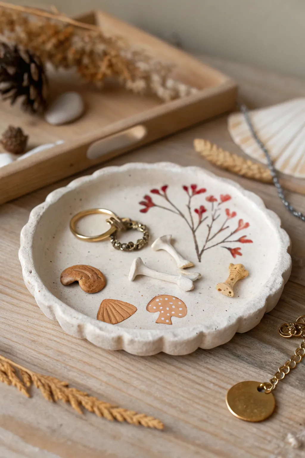 Minimal mushroom-and-bone clay trinket tray in soft neutrals, perfect for Halloween chic