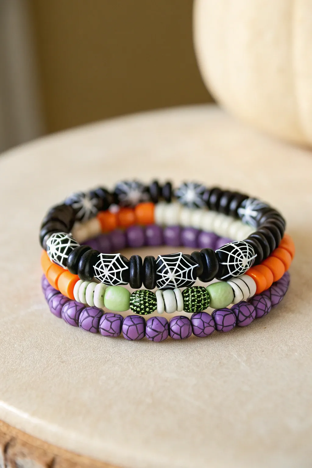 Playful odd pair Halloween heishi bracelet stack in minimalist boho style, high contrast.