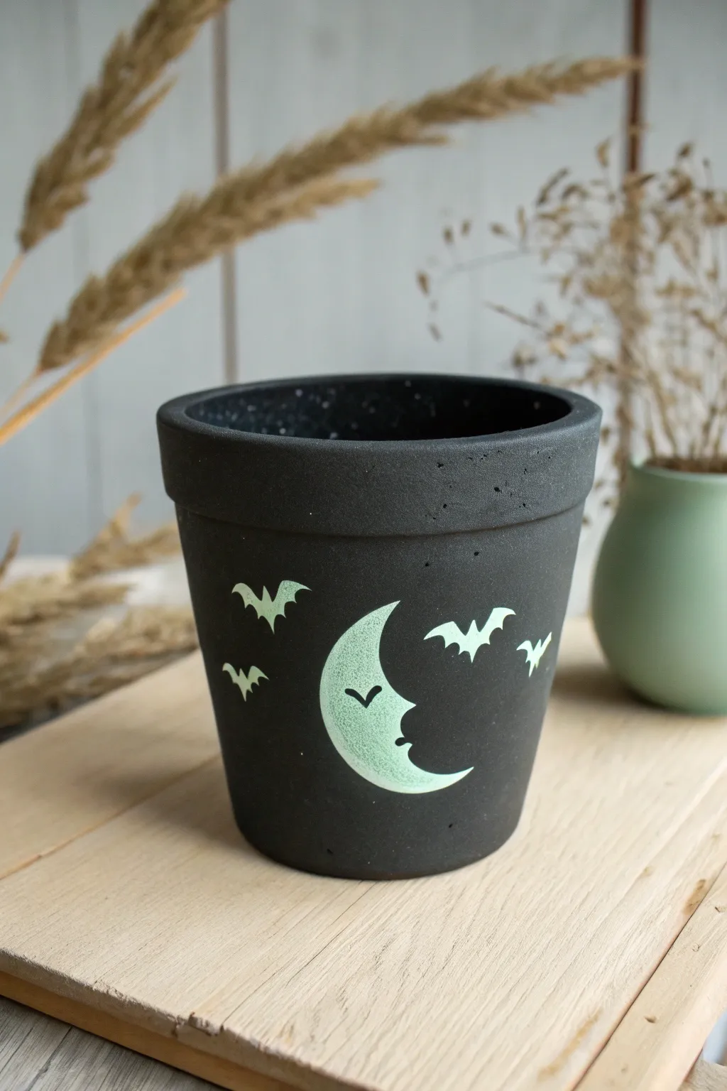 Matte black silhouette clay pot with a soft glow-in-the-dark moon for cozy Halloween decor