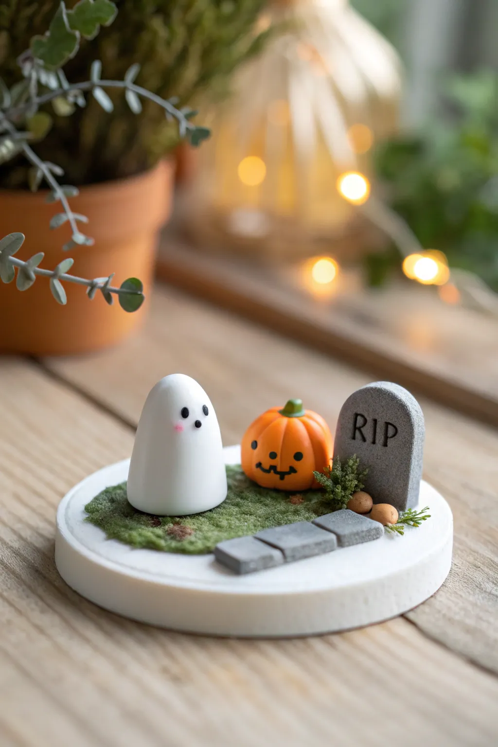 Mini polymer clay Halloween diorama charm with ghost, pumpkin and tombstone, styled minimalist.