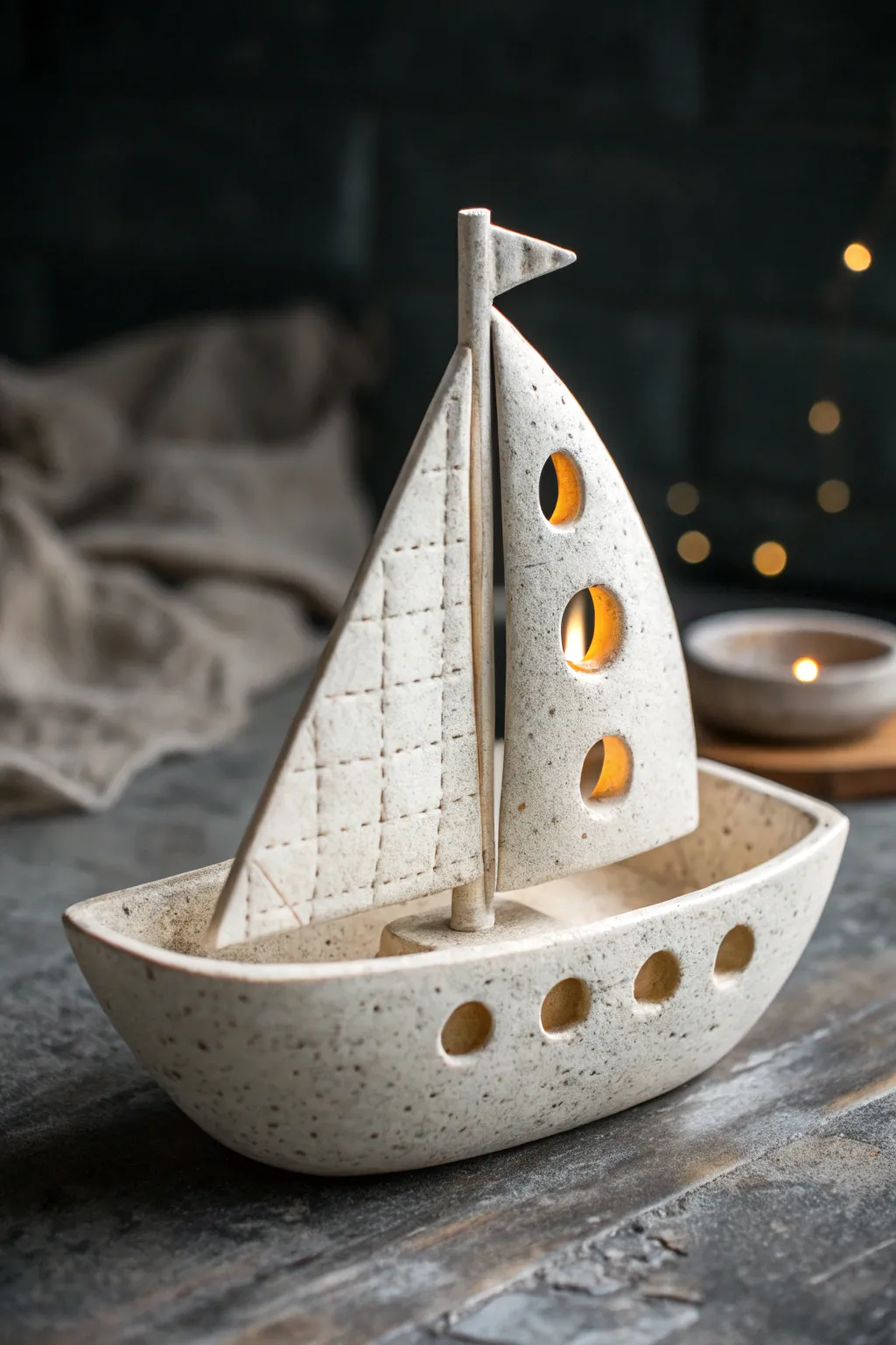 Haunted ship candy dish in matte stoneware, minimal glow windows for cozy Halloween style