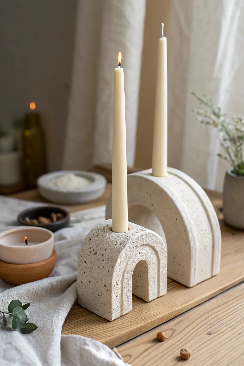 Minimal geometric clay candle holder set for cozy Scandinavian-boho vibes and handmade charm.
