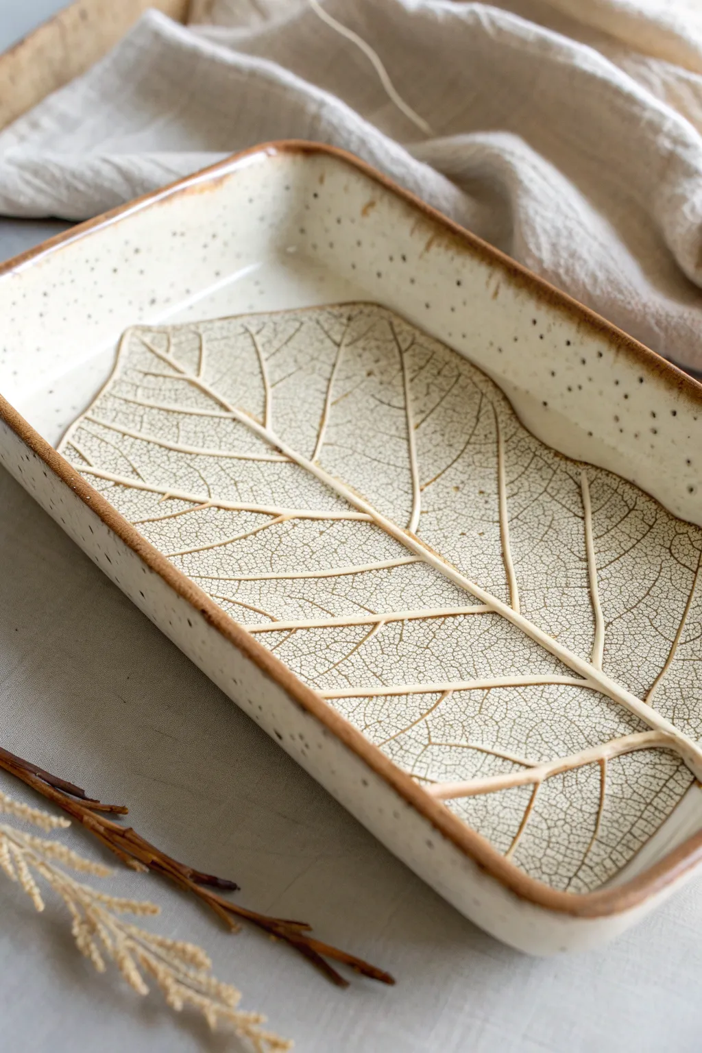 Lace and leaf textures meet a soft matte glaze break on a minimalist slab-built serving dish.