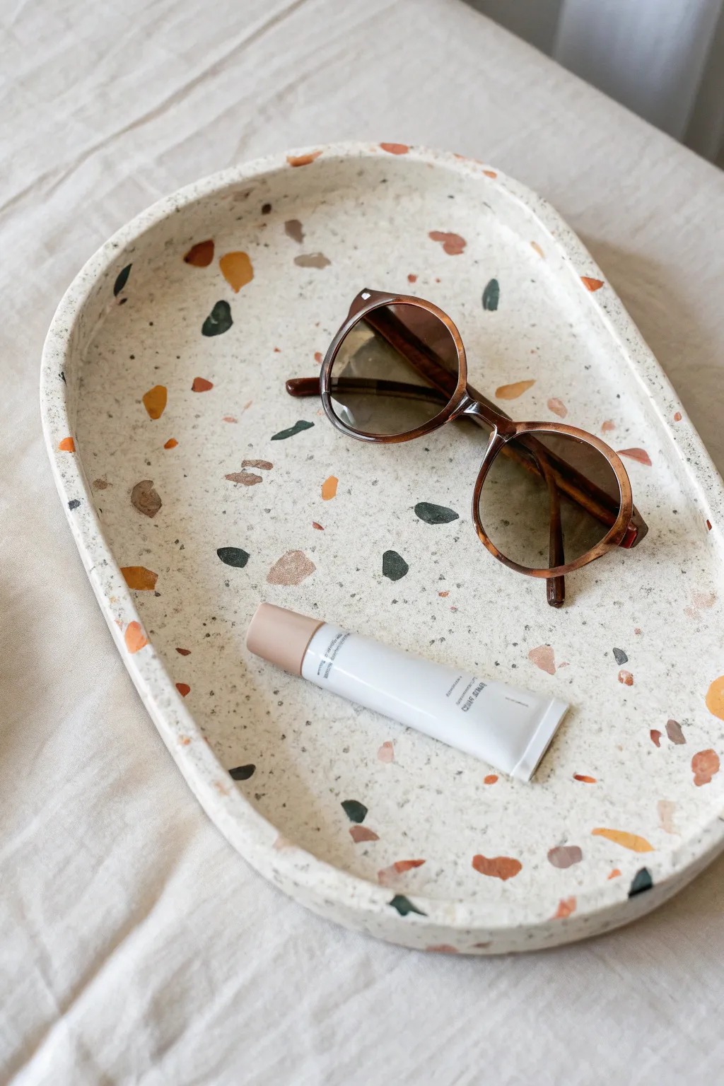 Faux terrazzo handbuilt tray with soft boho styling, perfect for easy hand molding clay ideas