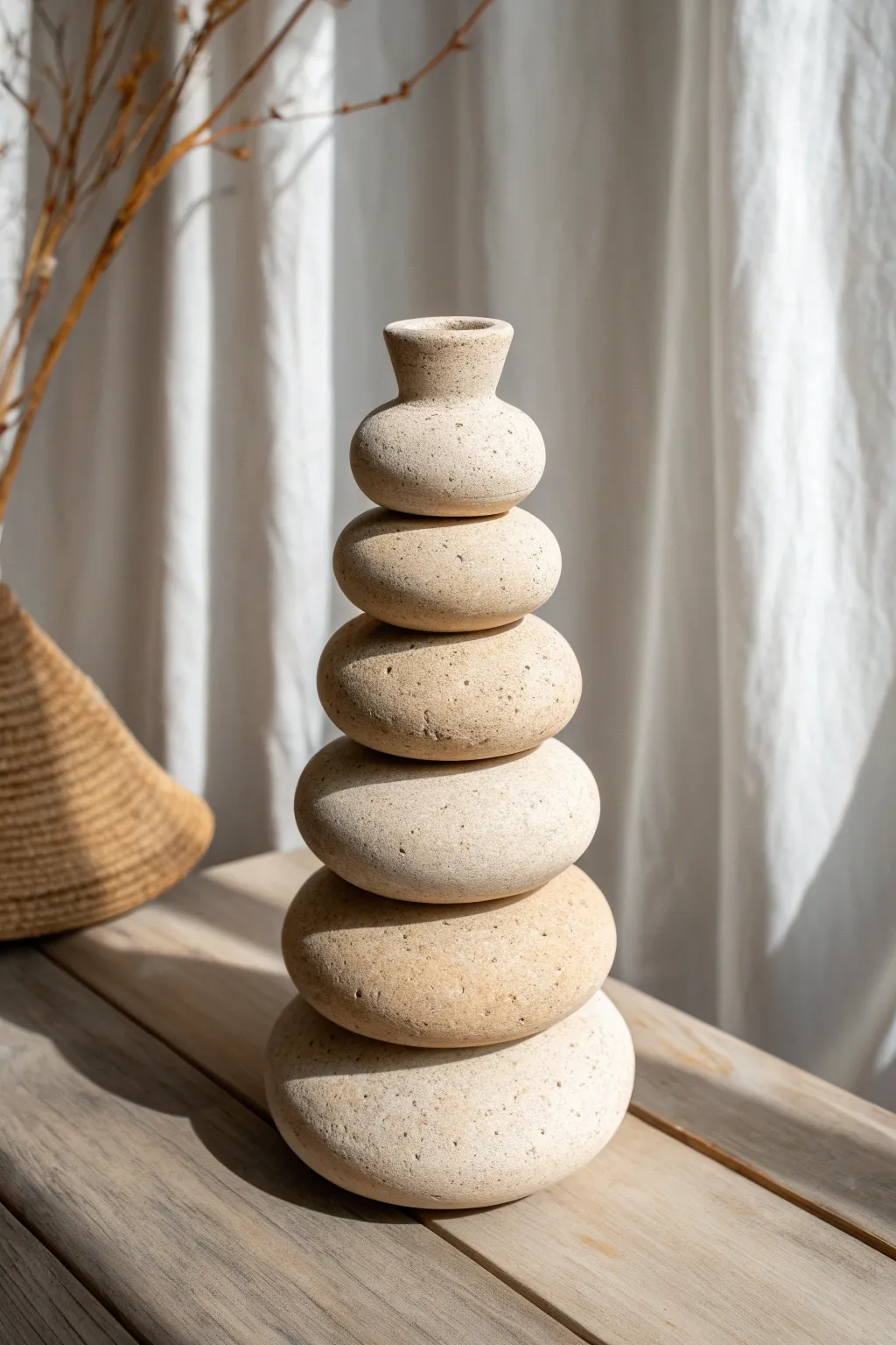 Handmade stacked pebble vase in sandy neutrals, minimalist sculptural charm with soft shadows