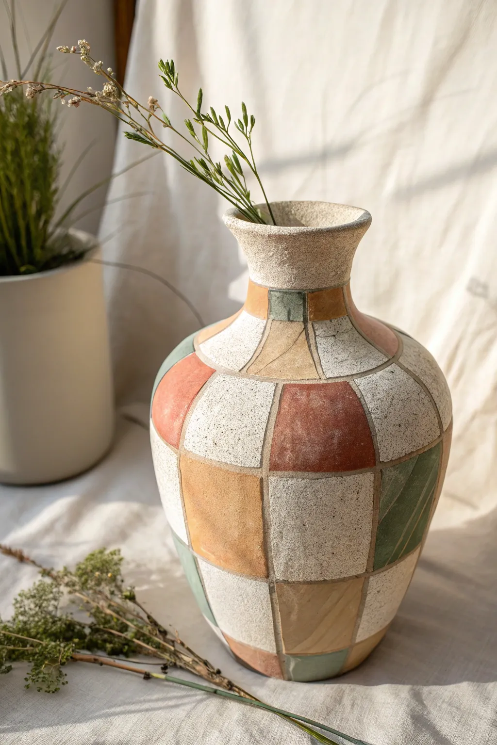 Modern patchwork vase with mixed matte glaze blocks, minimal Scandinavian style and warm contrast.