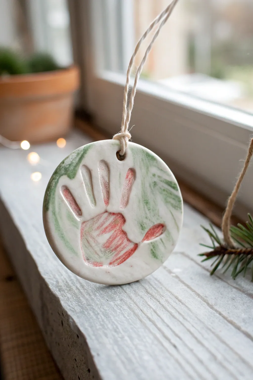 Glossy marbled clay handprint ornament in soft sage and clay tones, styled in greenery.