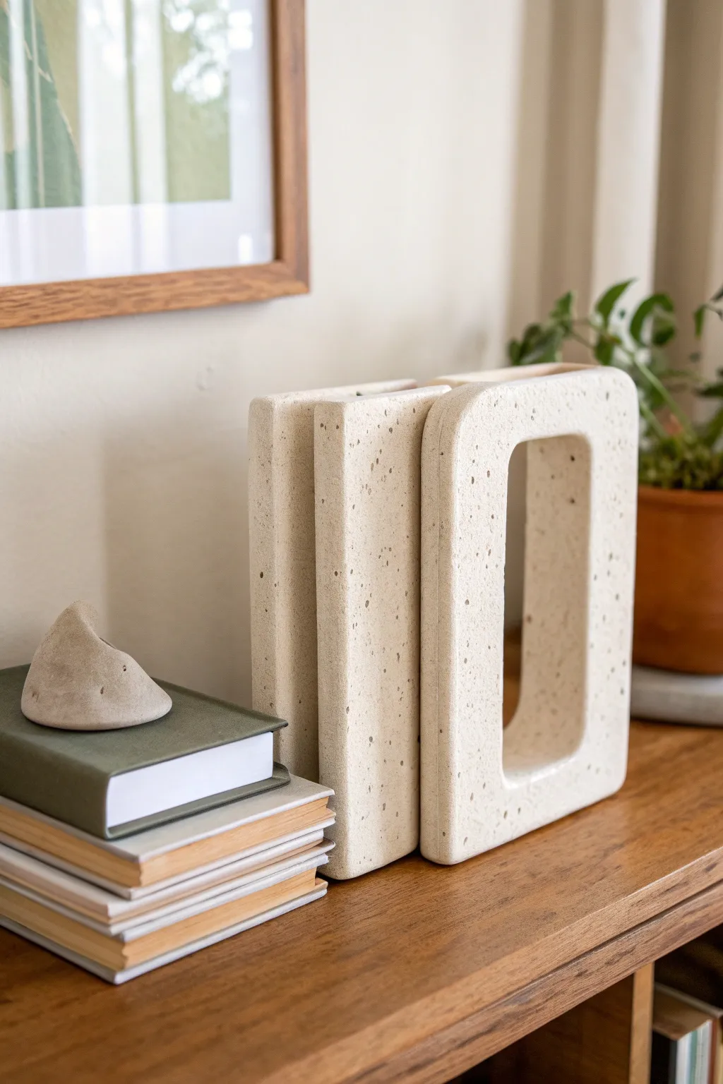Geometric slab ceramic bookends with bold negative space, holding books in calm Scandi style.