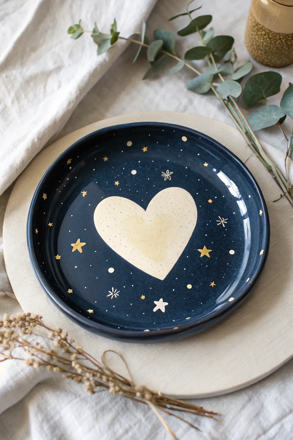 Night-sky heart plate: simple glowing heart with tiny stars for an easy celestial DIY finish.