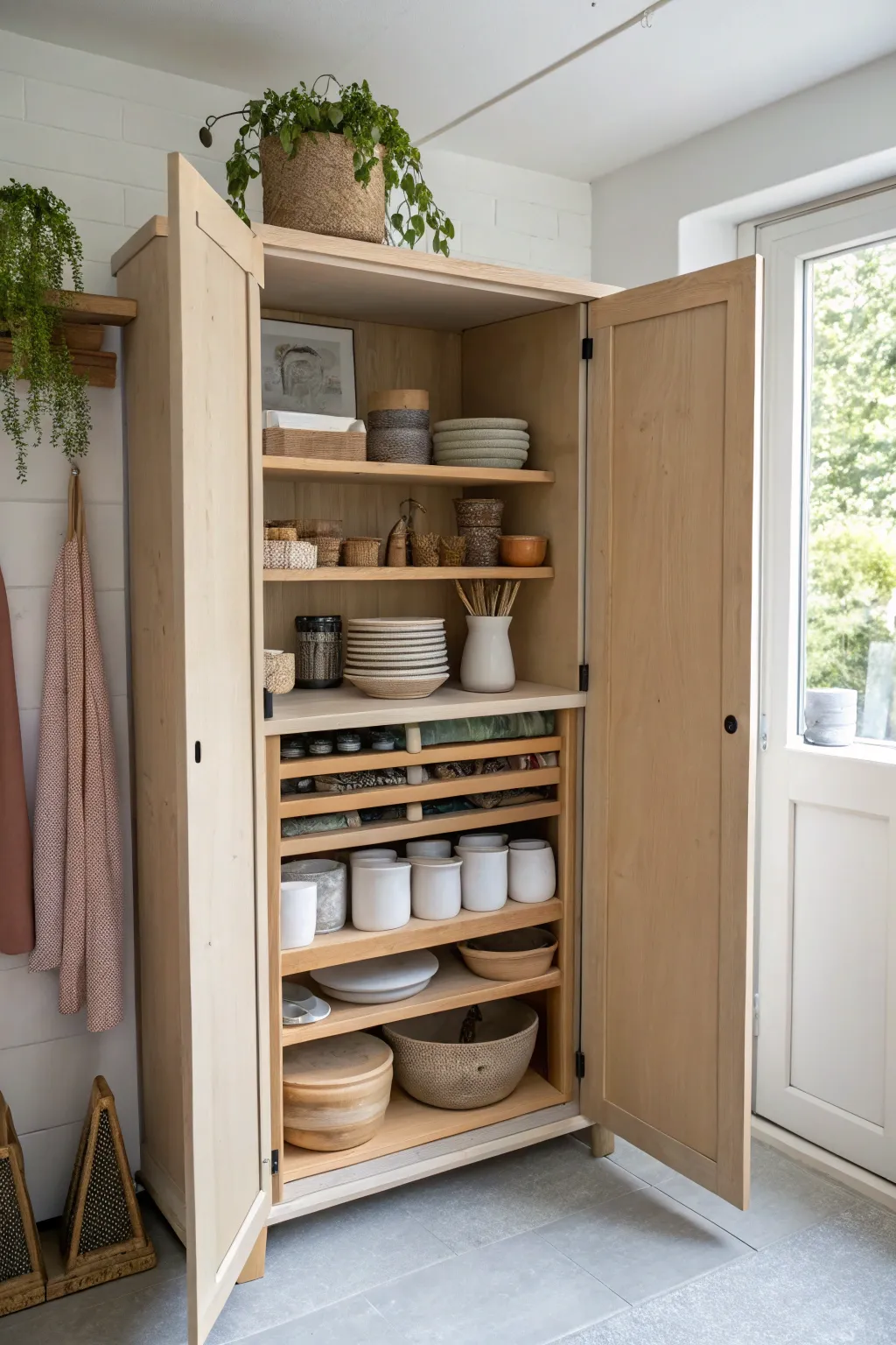 Closet micro pottery studio with fold-down worktop and tidy lidded jars, minimalist boho charm.