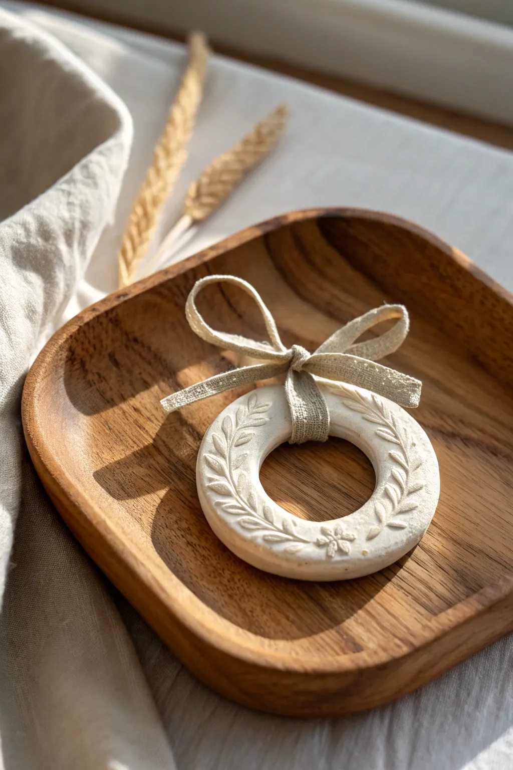 Mini clay wreath ring ornament with leaf texture and tiny bow, simple Scandinavian boho charm.