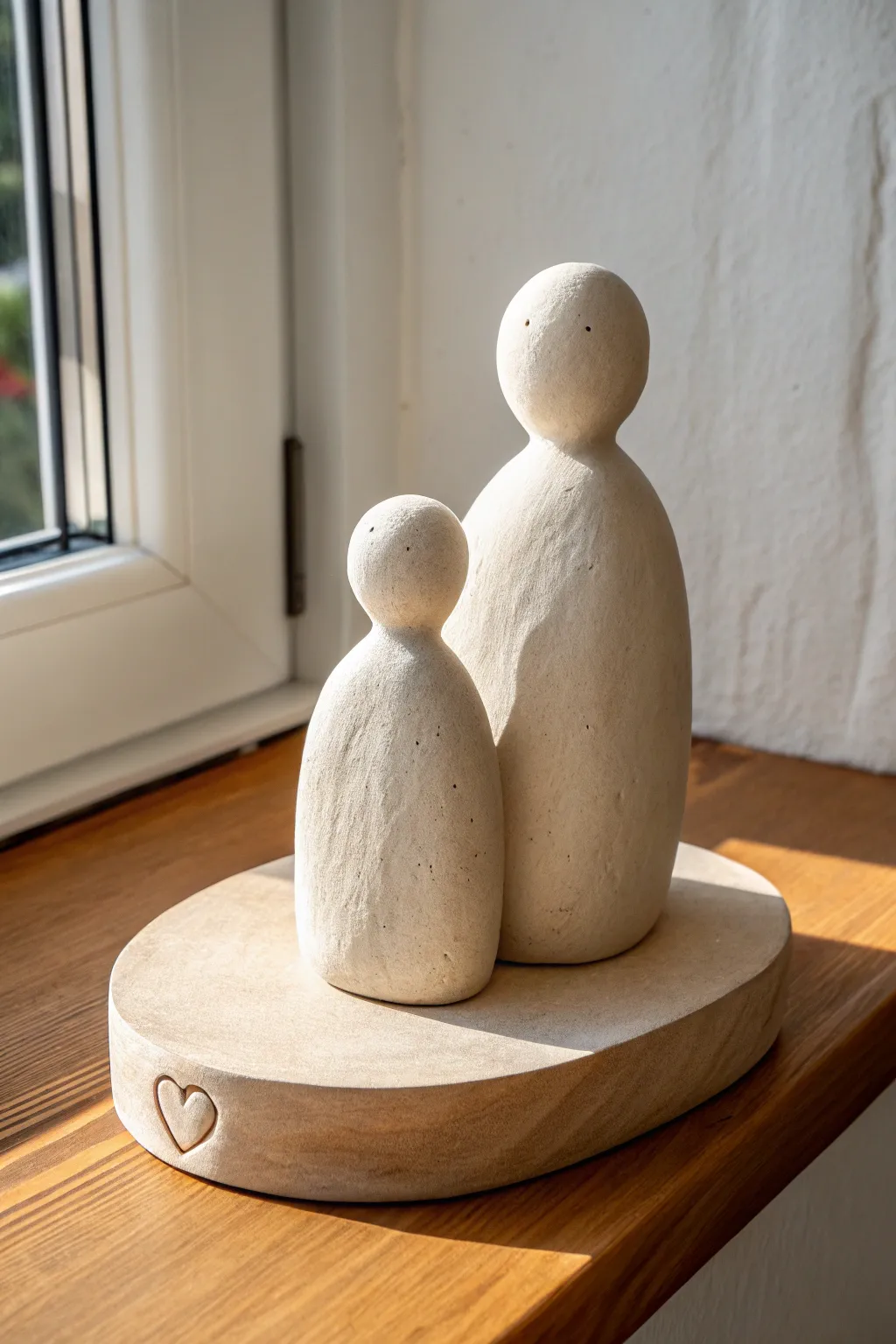 Minimal clay Dad and child duo figurine on warm wooden shelf, a heartfelt Fathers Day keepsake
