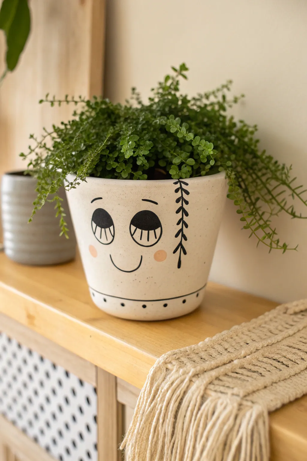 A funny face planter buddy with leafy hair for an easy, cute painted clay pot idea.