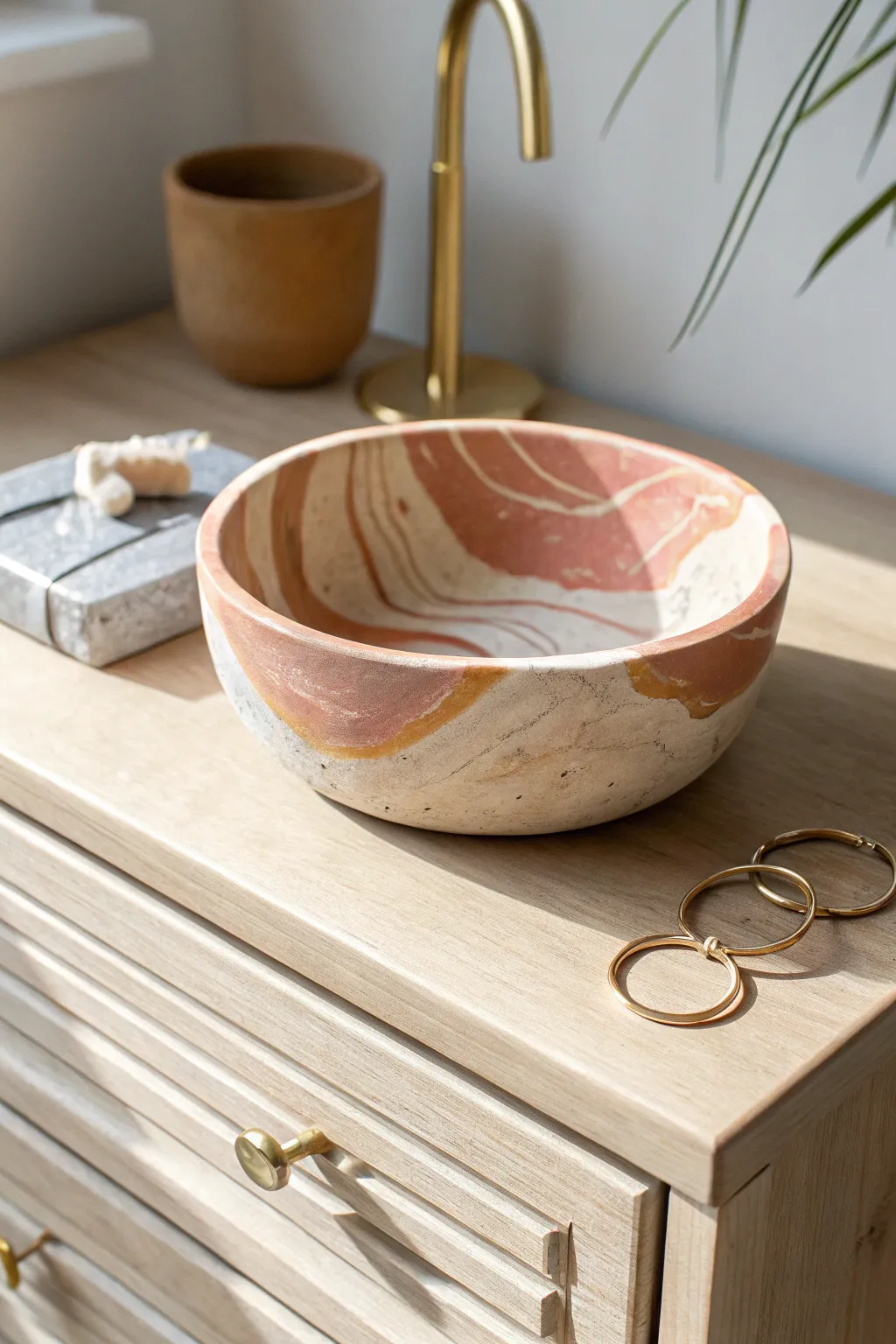 Marbled color-block clay trinket bowl with earrings, a minimal boho accent for your dresser.