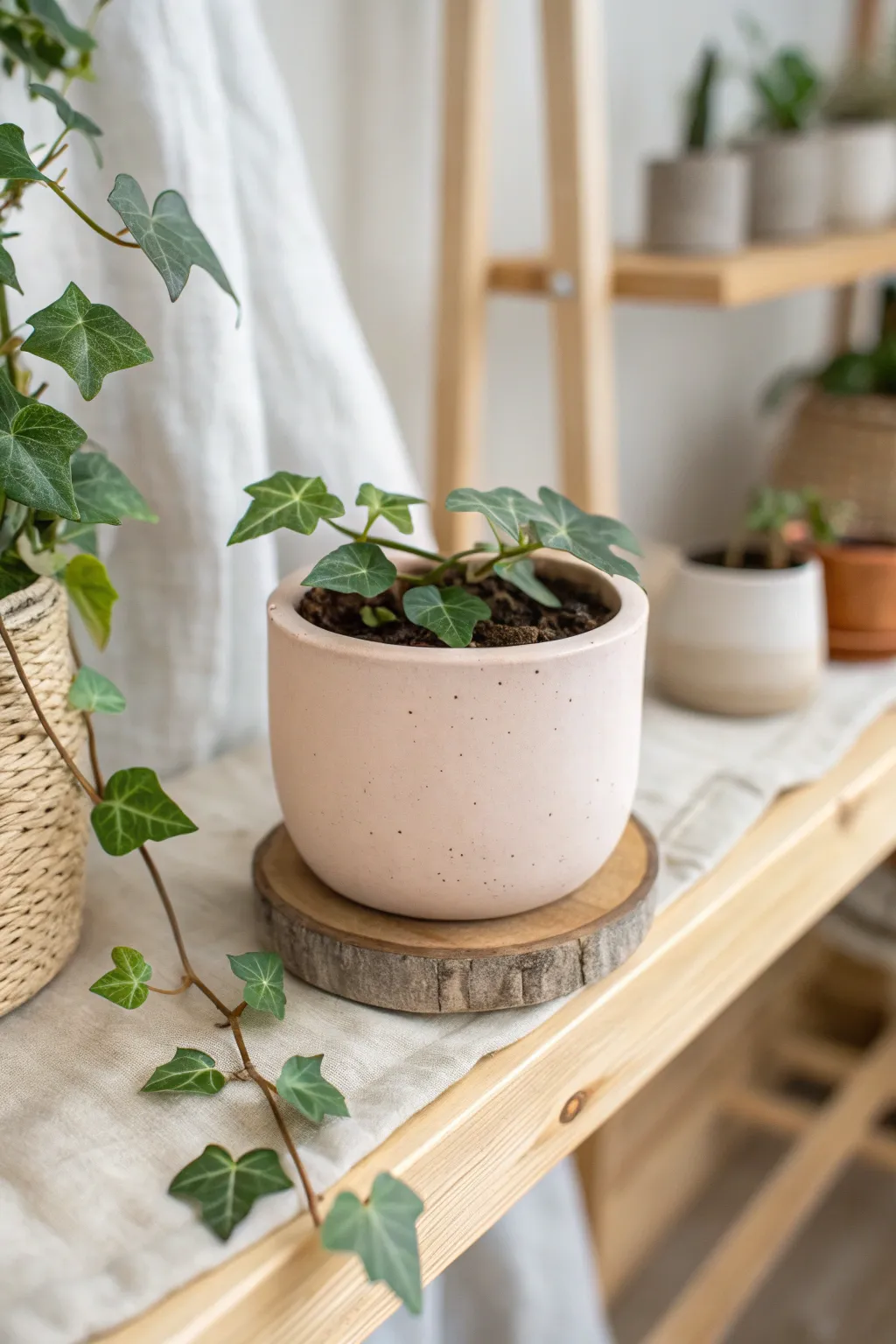 Mini polymer clay planter with an ivy cutting, styled bright and simple for a cozy shelf.