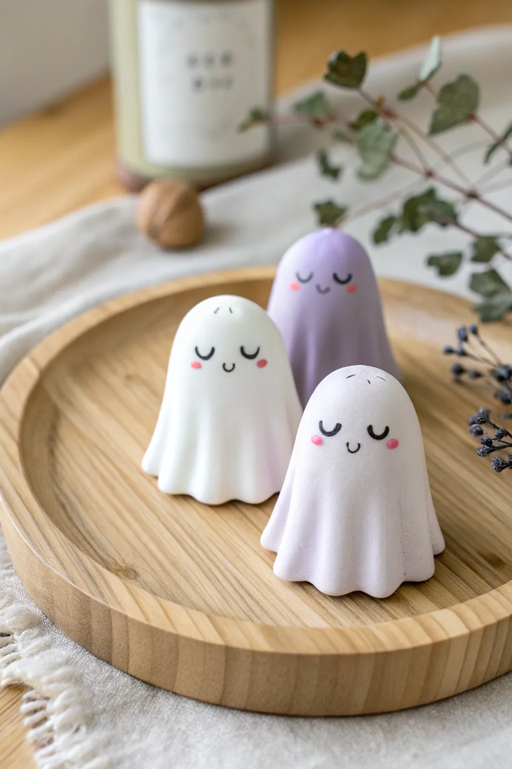 Three tiny kawaii clay ghosts in white and lavender, each with a shy little expression.