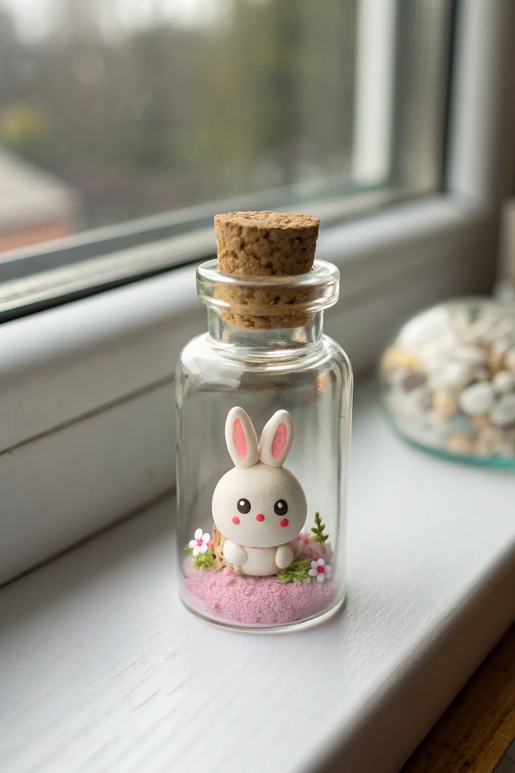 Tiny kawaii critter in a bottle, a sweet minimalist desk charm made with polymer clay