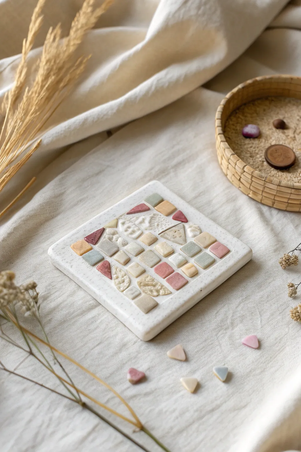 Simple air dry clay mosaic plaque using recycled colorful bits, minimal and kid-friendly.