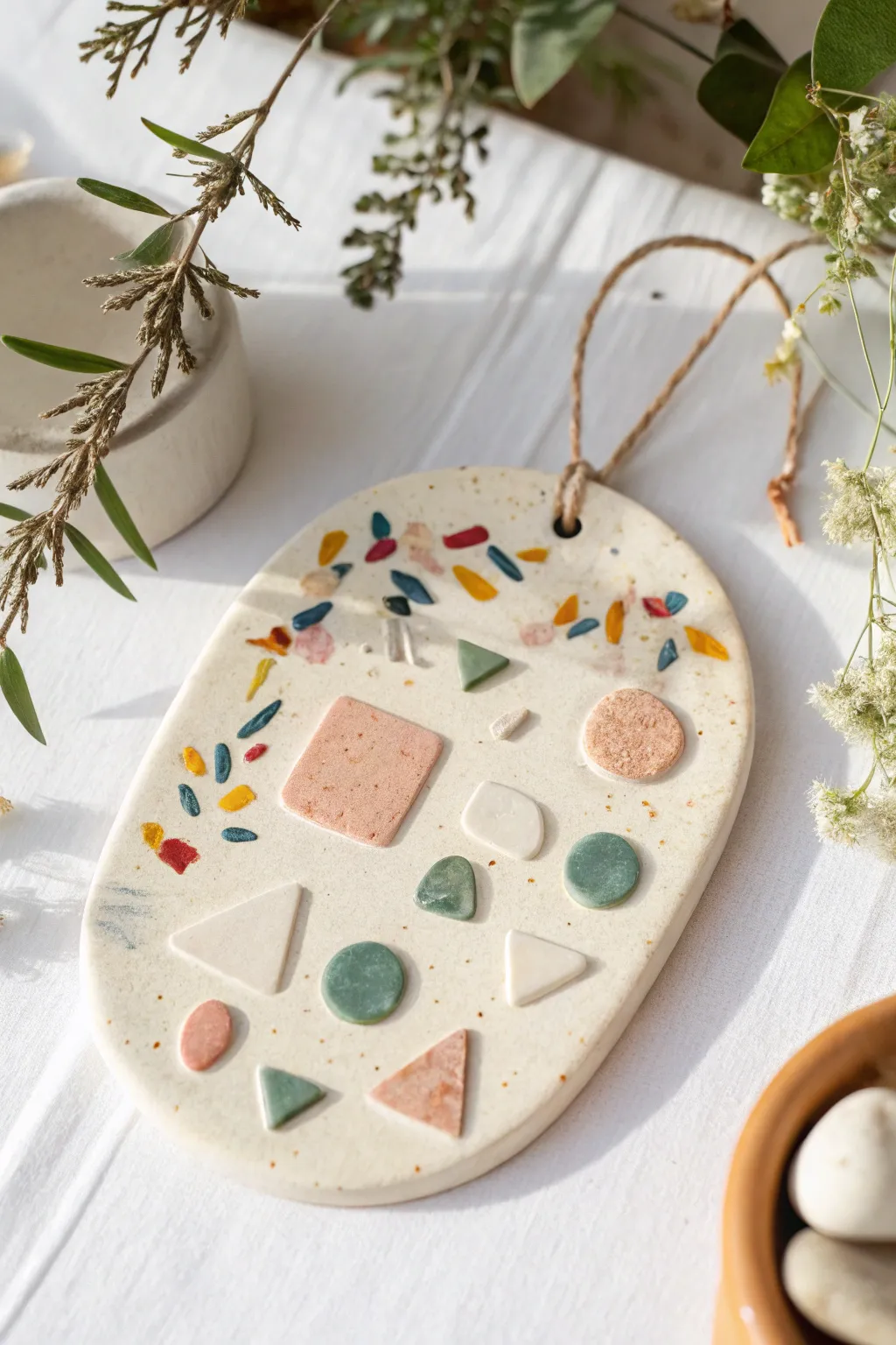 Easy air-dry clay mosaic plaque using recycled bits, bright pops on a clean white backdrop