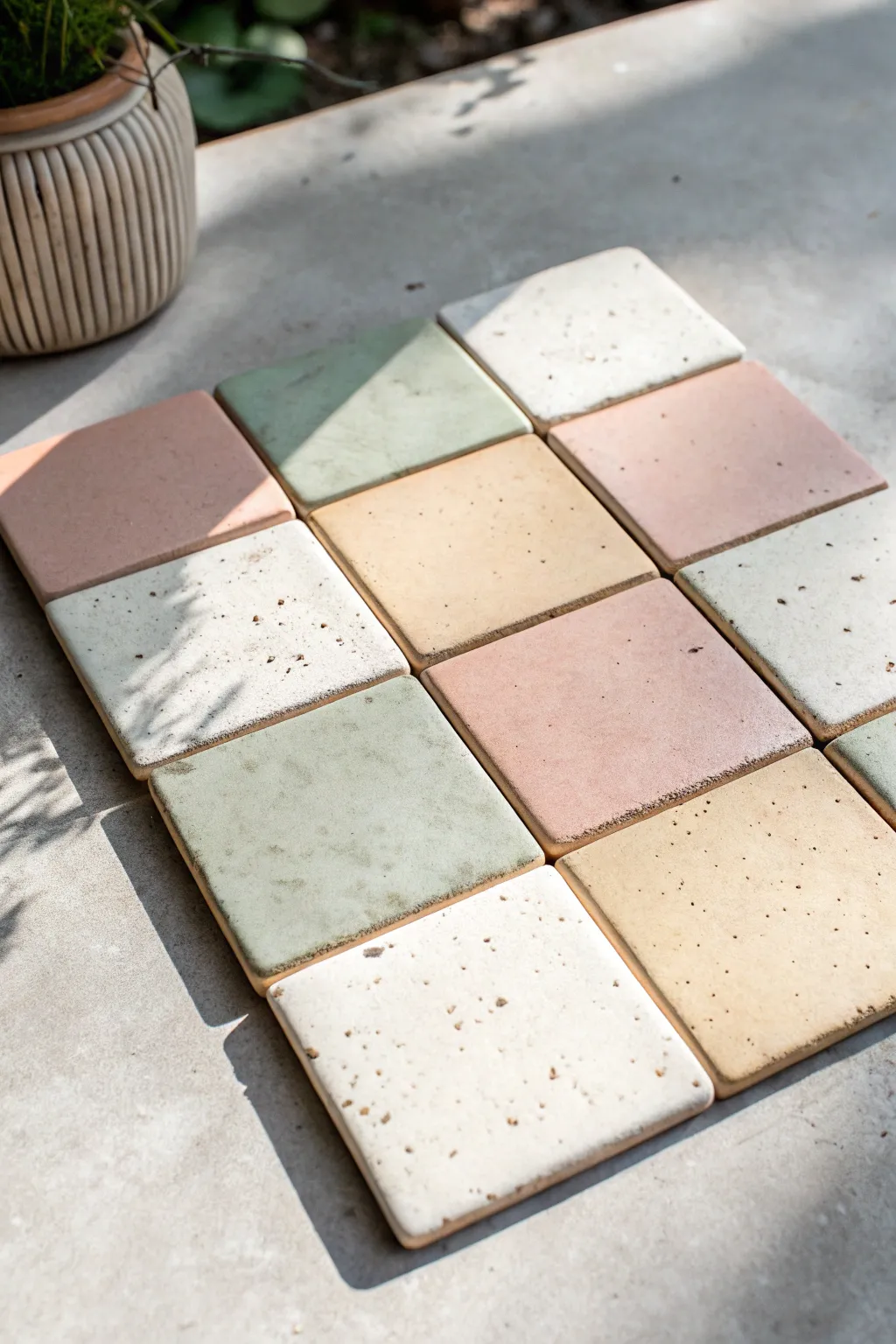 Handmade modular ceramic tile set in soft neutral glazes, ready for a minimalist backsplash.