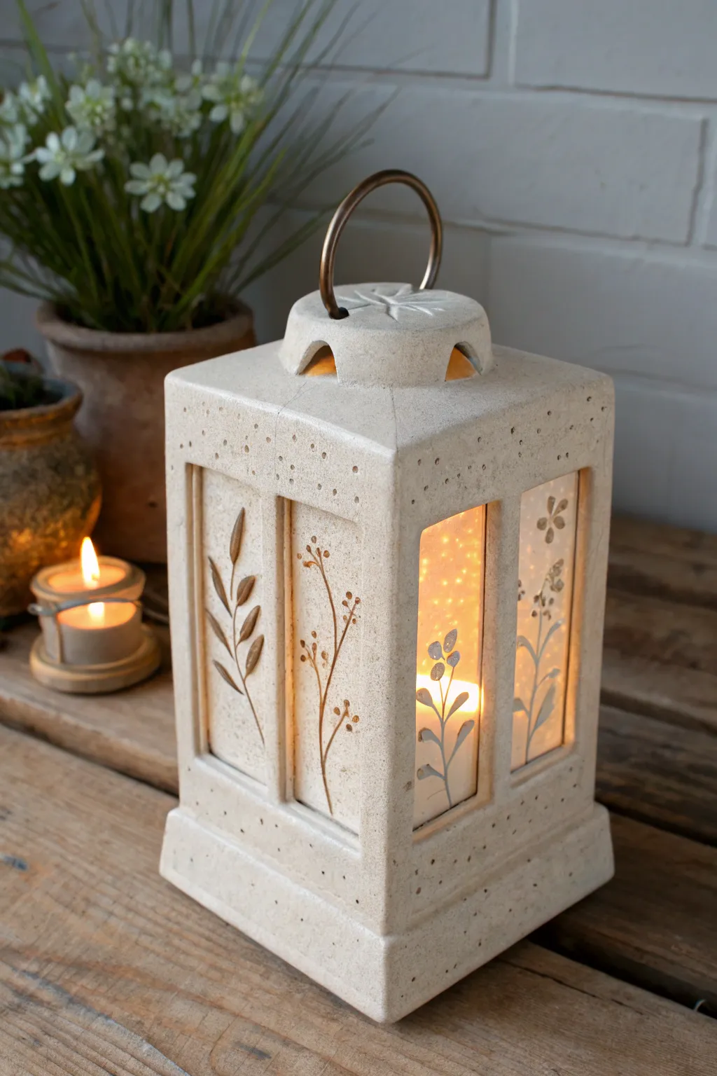 Handbuilt stoneware lantern with glowing porcelain lithophane panels on rustic wood.