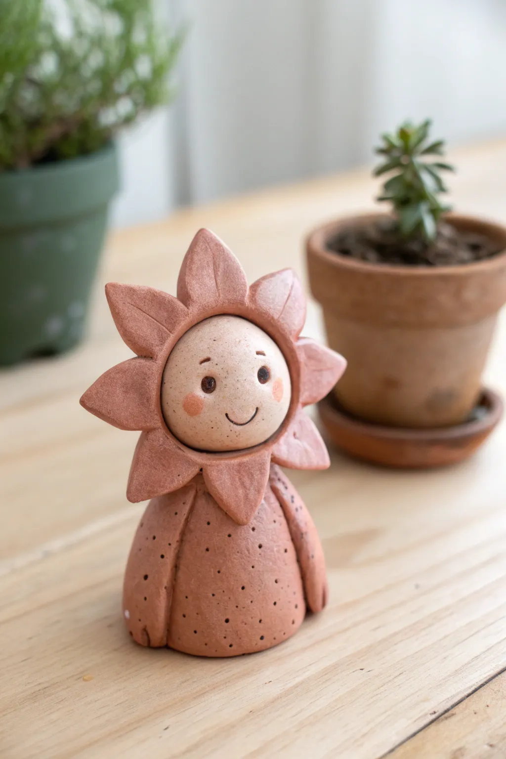 Tiny flower sprite clay figure with petal hood, cozy minimal styling and natural light