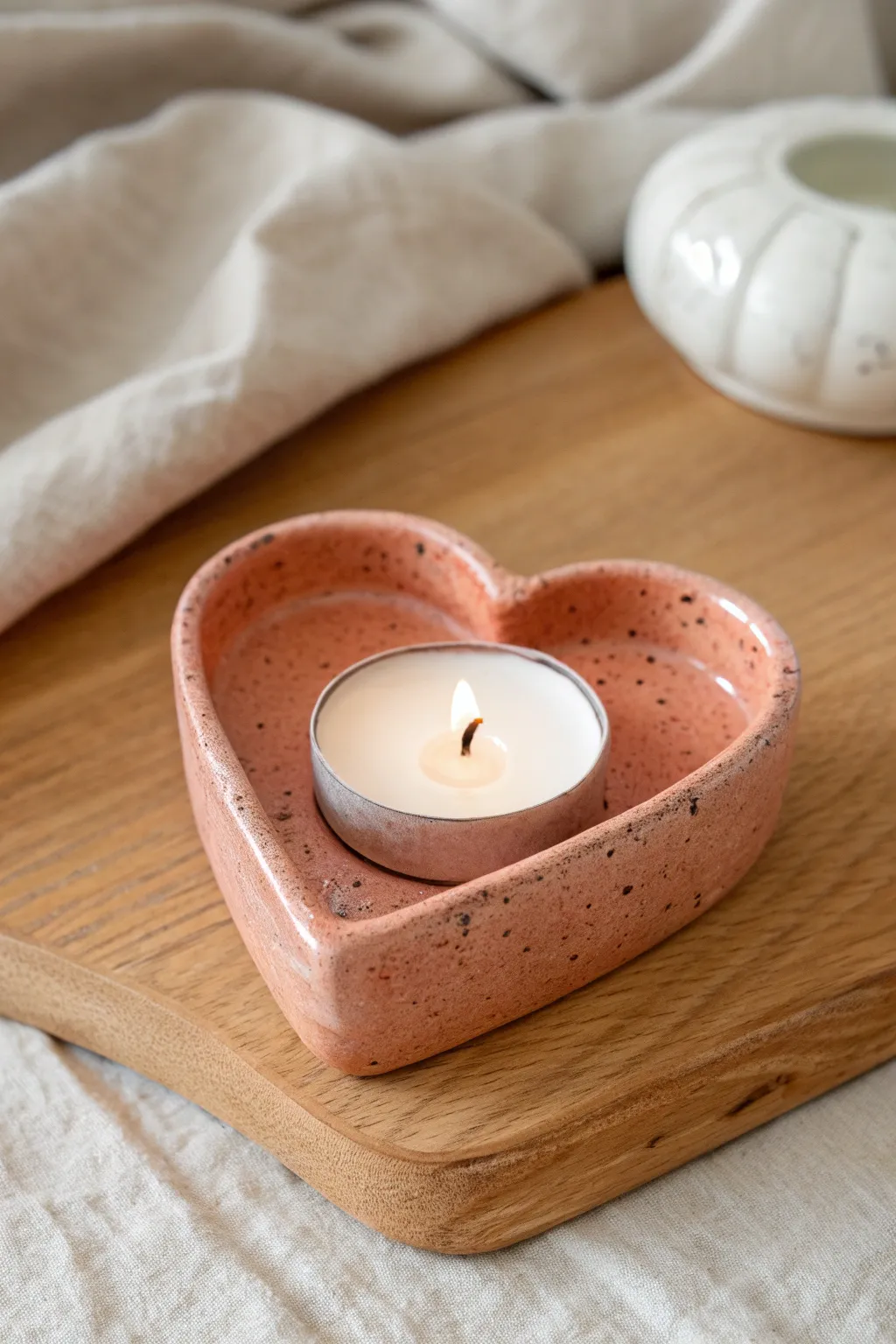 Warm blush heart tealight holder, minimalist and cozy for a flame-free date-night glow at home