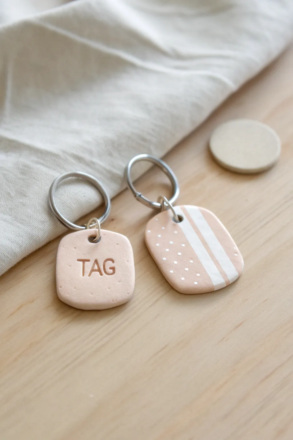 Matching initial clay tag keychains in soft neutrals, simple accents, ready to gift or share.