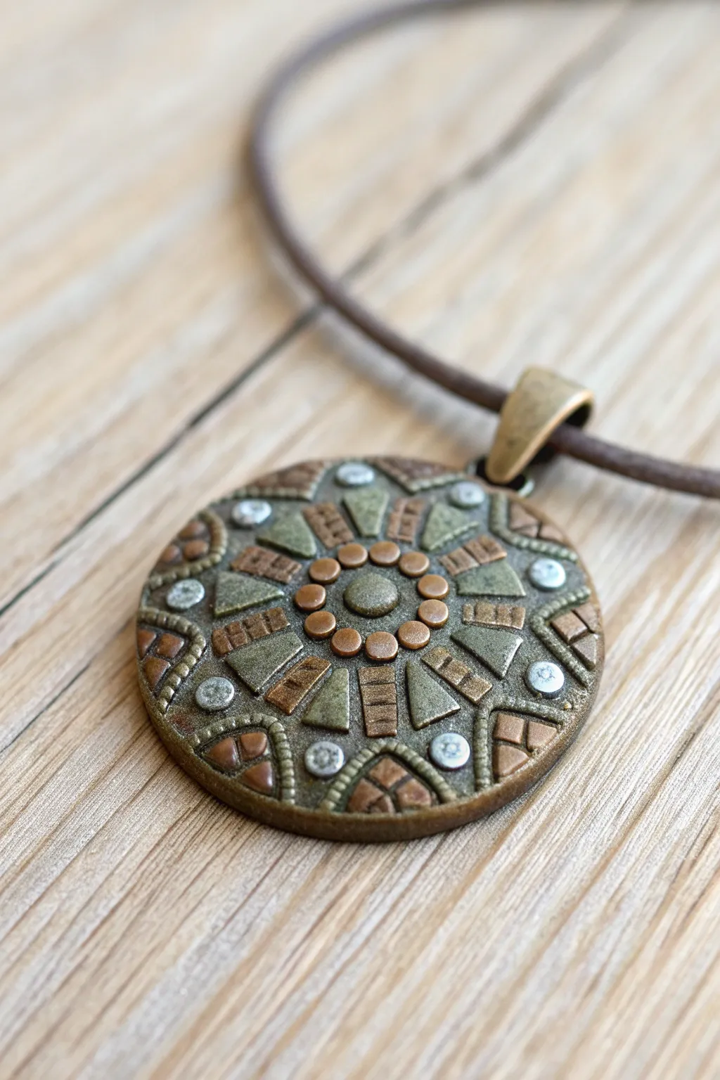 Micro mosaic metal clay pendant with patina, highlighting texture on weathered wood