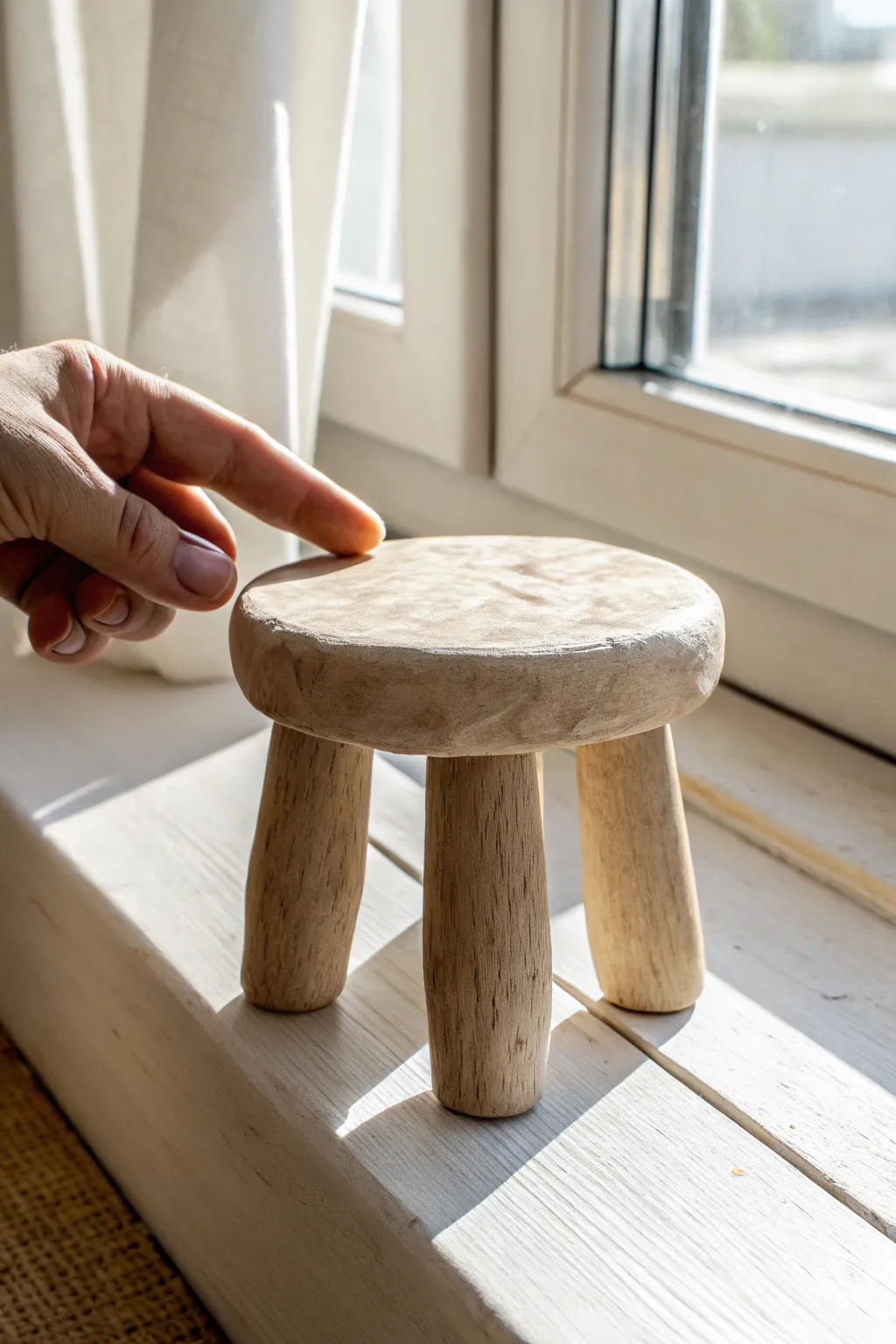 A tiny chunky clay stool next to a fingertip, minimalist boho charm for easy mini clay art.
